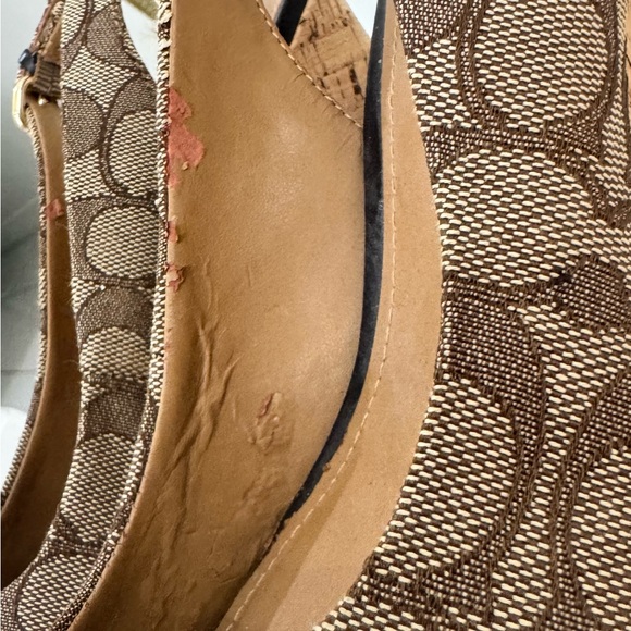 Coach Logo Print Slingback Wedge Sandals Brown Beige Black Canvas Leather 7.5B - Picture 3 of 12